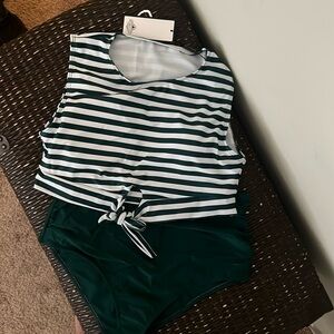 NWT Retro Stage Green & White  Stripe Print High Waisted Bikini